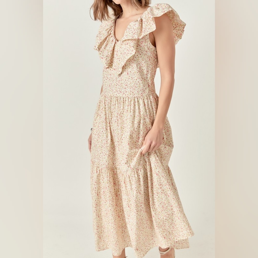 NWT - English Factory Cotton Red Floral  Ruffled Midi Dress - Size XS